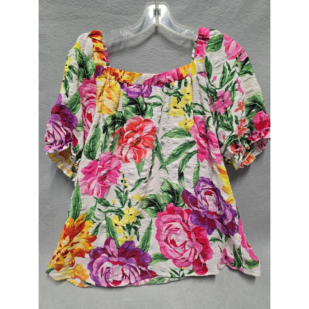 Unique Spectrum Women Floral Puff Sleeve Square Neck Blouse Multicolor Large